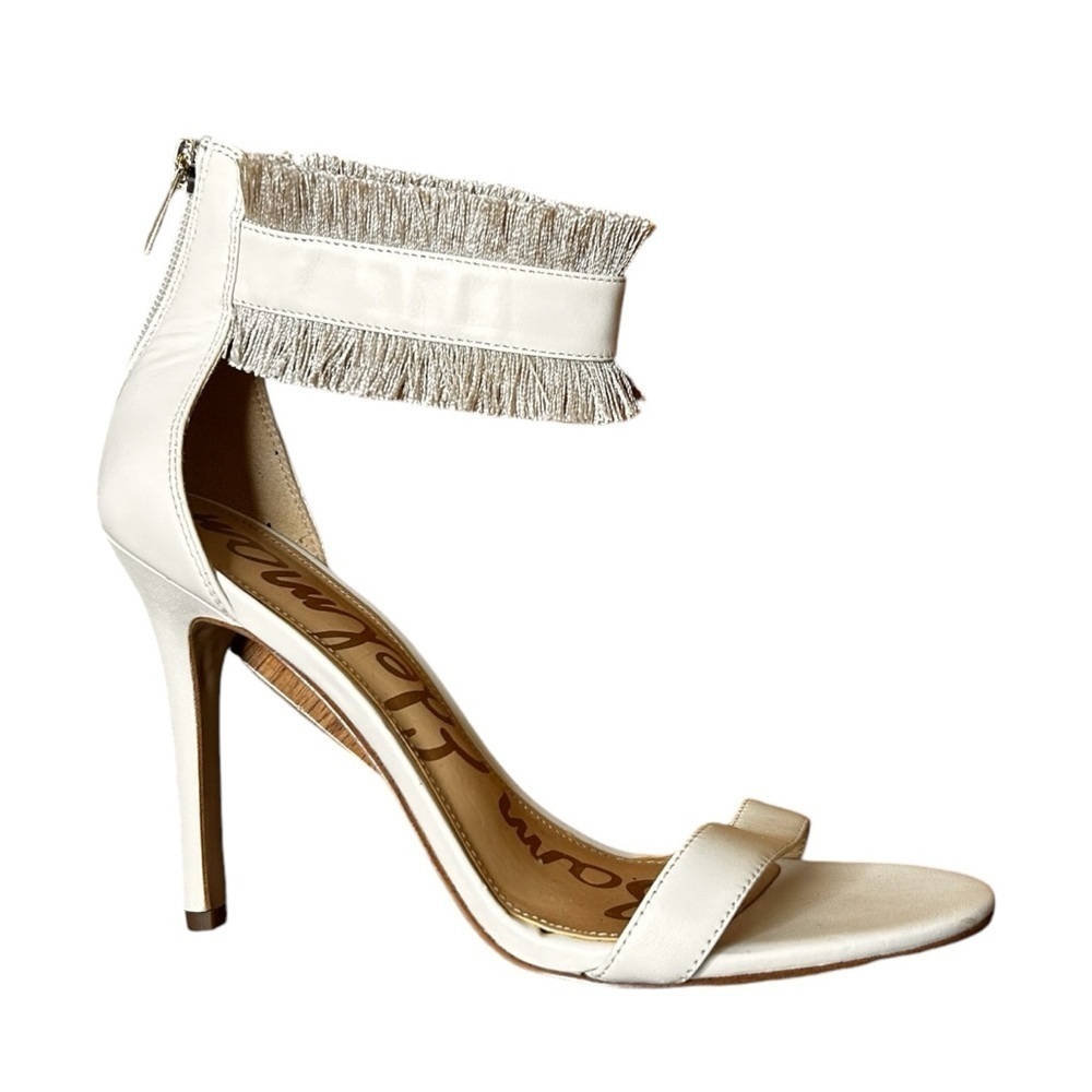 Sam Edelman Anabeth High Heels Sandals 8 Beige Leather Open Toe Zip Fringe - Picture 2 of 10
